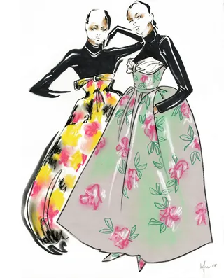 Fashion illustration of two models wearing floral gowns by Elly Azizian
