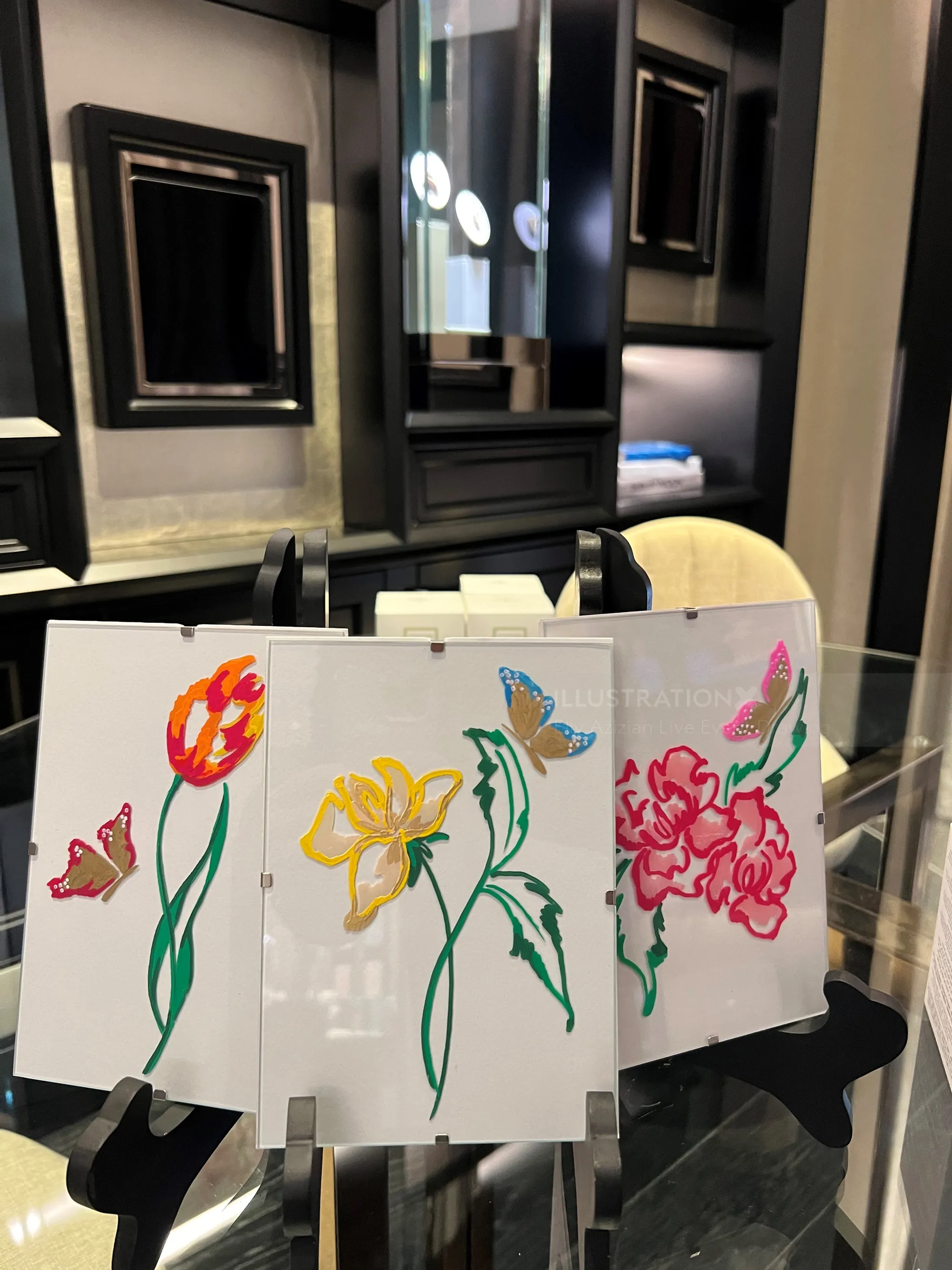 Colorful floral sketches with butterfly on paper by Elly Azizian
