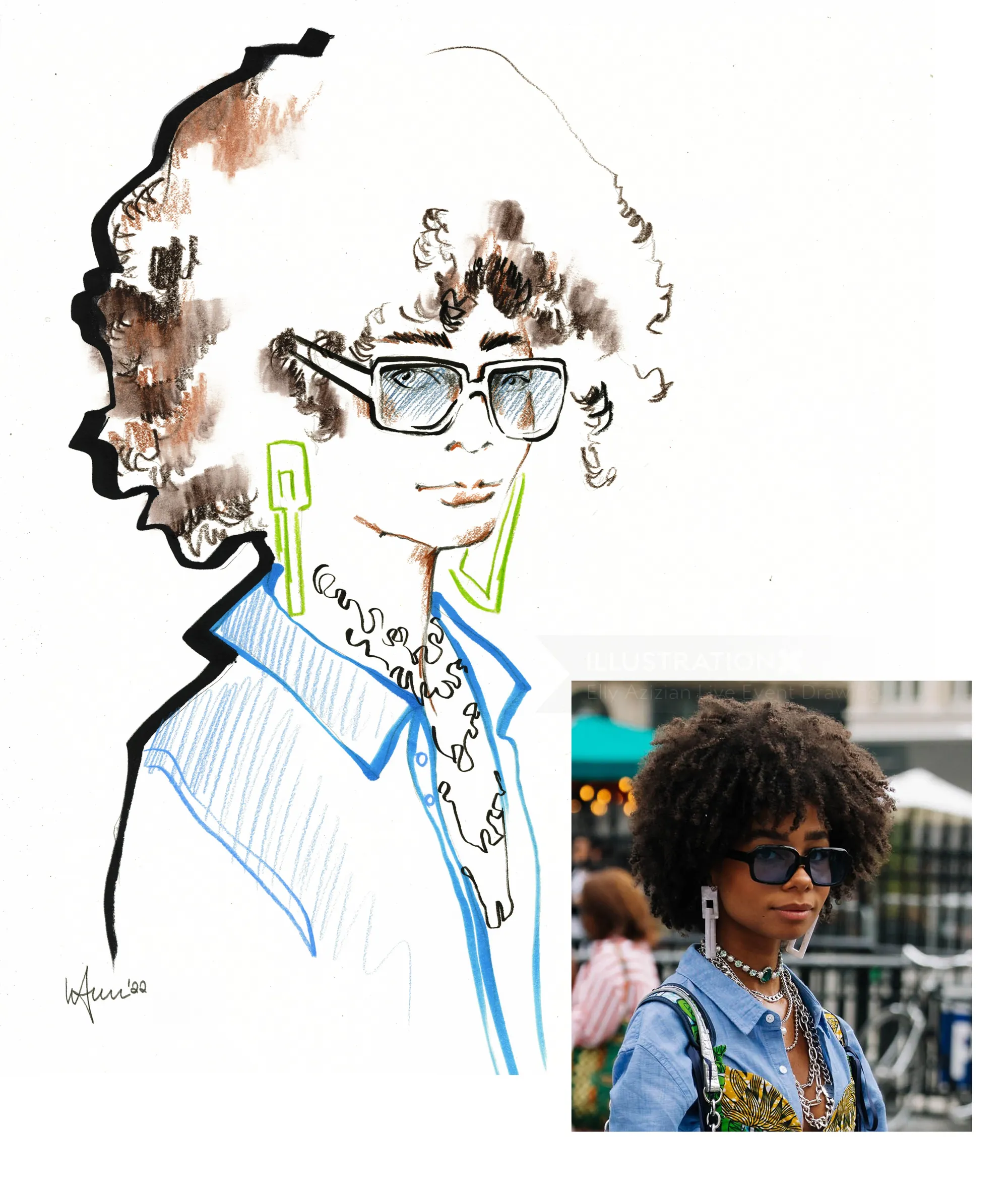 Ilustración de una mujer con cabello rizado, gafas y pendientes, realizada por Elly Azizian.