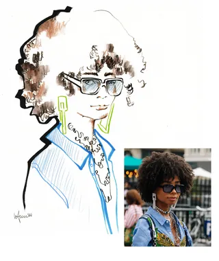 Illustration of woman with curly hair wearing glasses and earrings by Elly Azizian