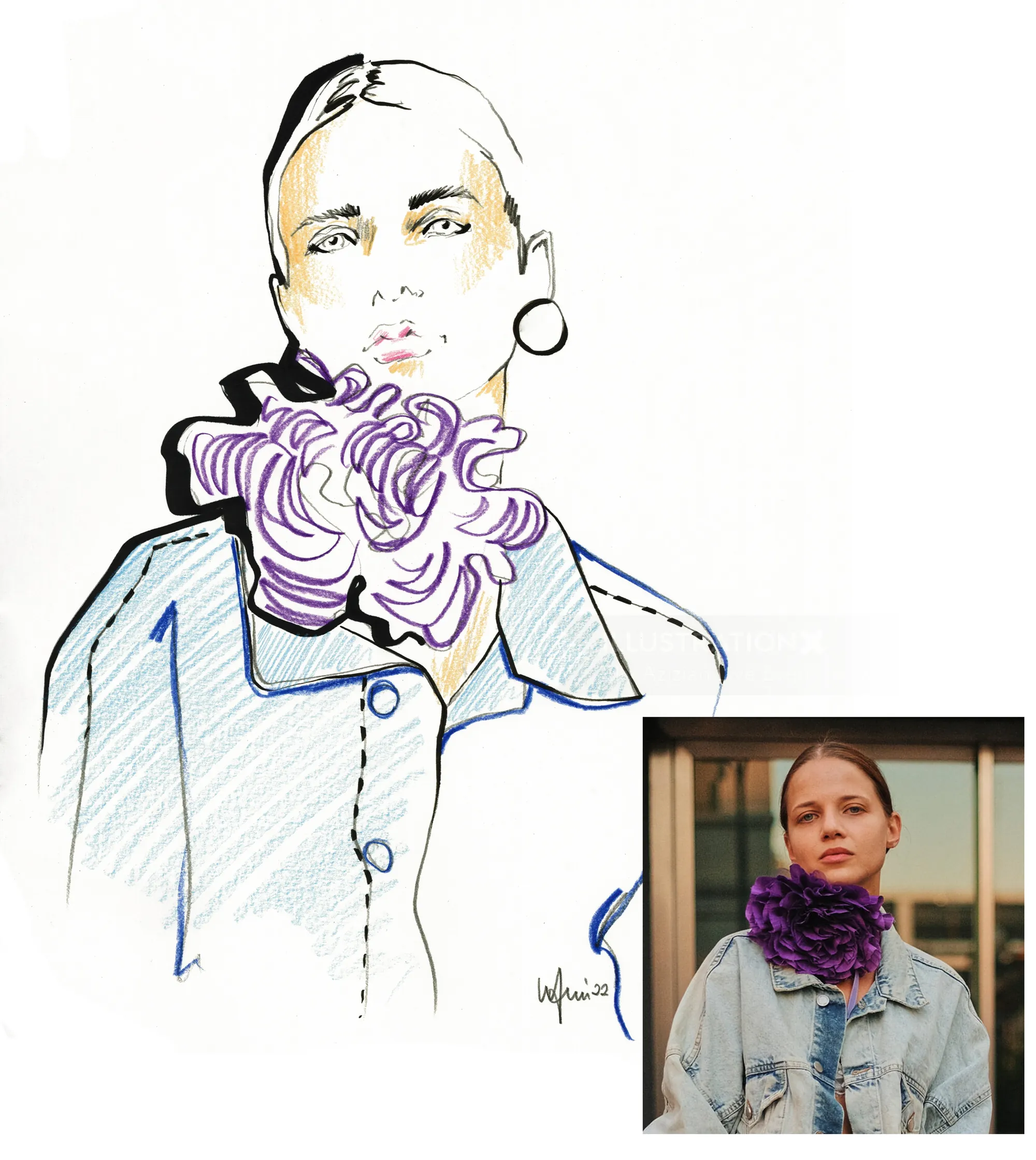 Portrait sketch of woman with purple scarf by Elly Azizian