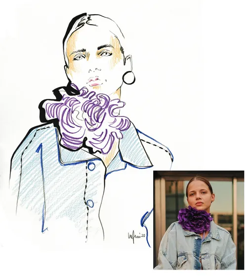Portrait sketch of woman with purple scarf by Elly Azizian