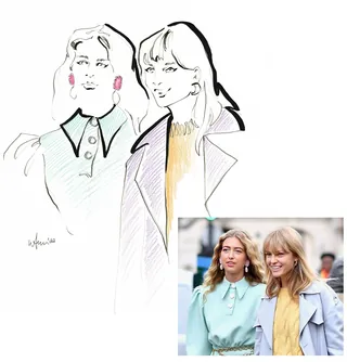 Fashion illustration of two women in pastel coats by Elly Azizian