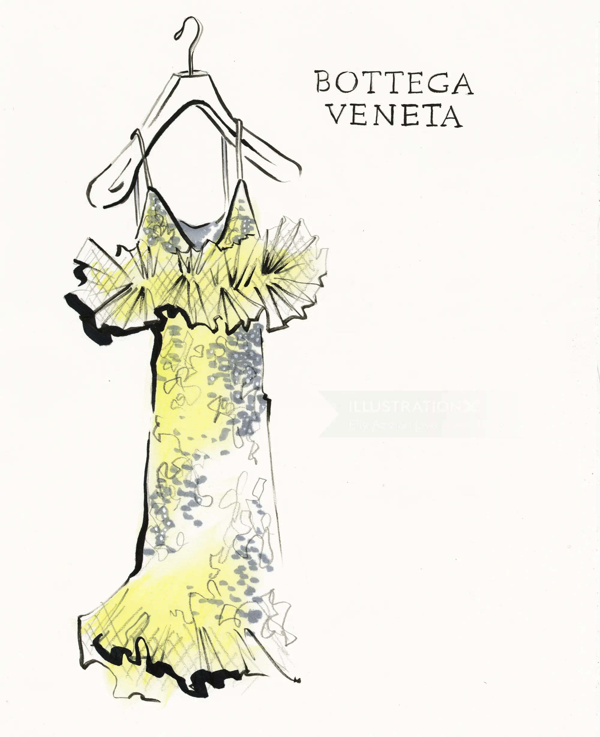 Sketch of Bottega Veneta yellow floral dress with ruffled neckline by Elly Azizian