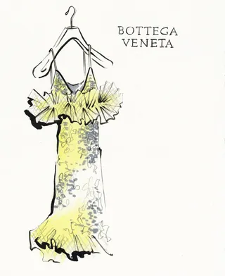 Sketch of Bottega Veneta yellow floral dress with ruffled neckline by Elly Azizian