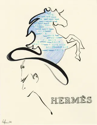 Elly Azizian drawing of Hermès logo with horse and male profile