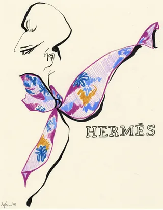 Fashion illustration featuring a Hermès scarf by Elly Azizian