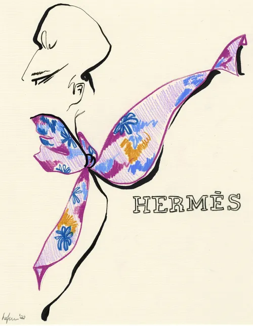 Fashion illustration featuring a Hermès scarf by Elly Azizian