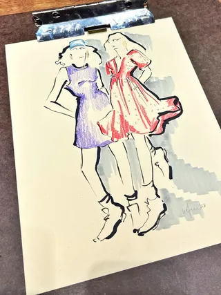 Fashion illustration of two women in dresses and boots by Elly Azizian