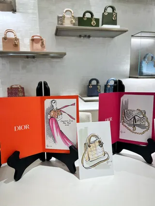 Dior handbag illustrations and displayed handbags by Elly Azizian