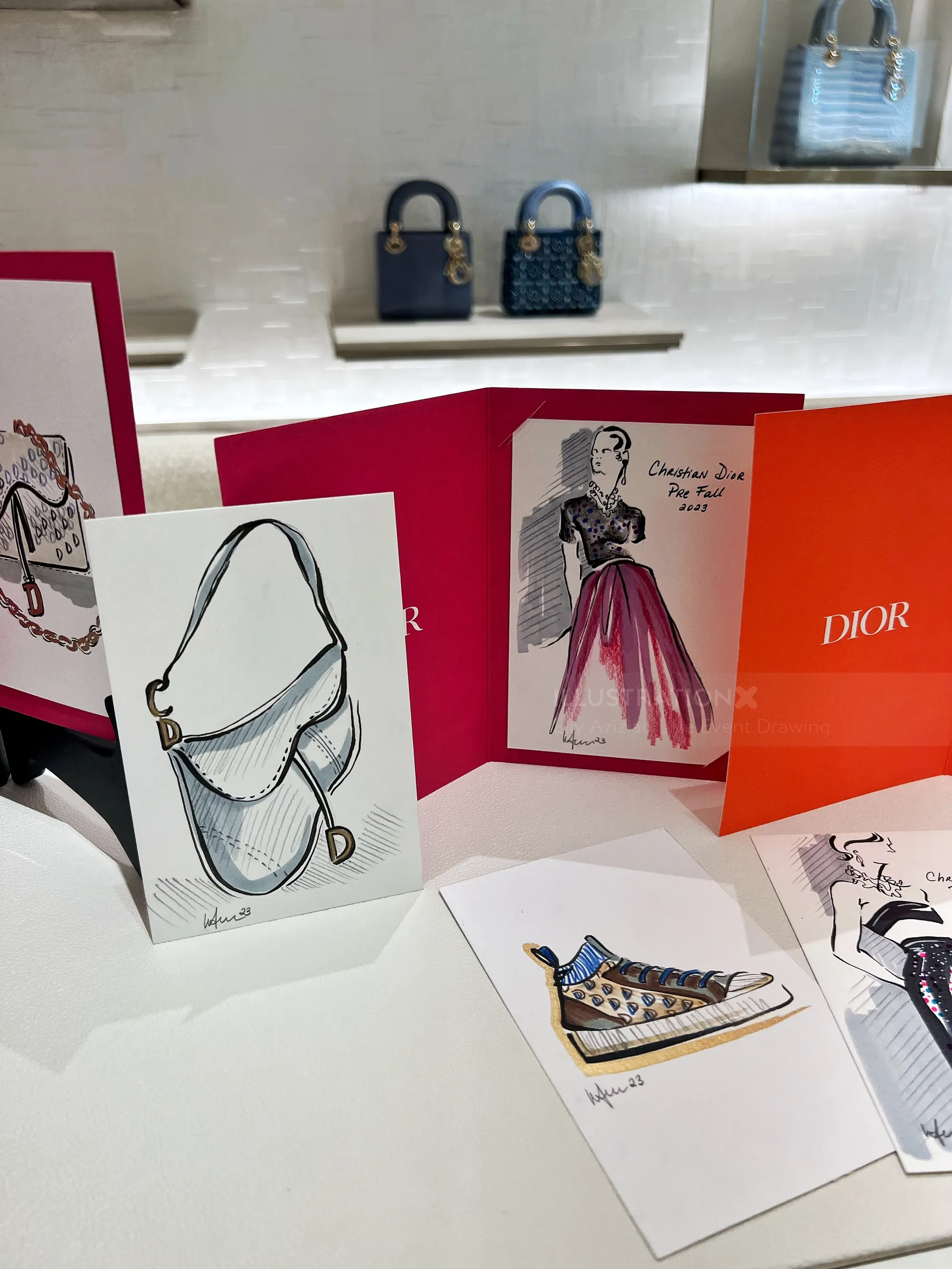 Dior handbags, shoes, and fashion illustrations by Elly Azizian