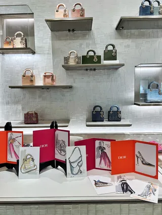Luxury handbags on shelves with fashion sketches on table by Elly Azizian