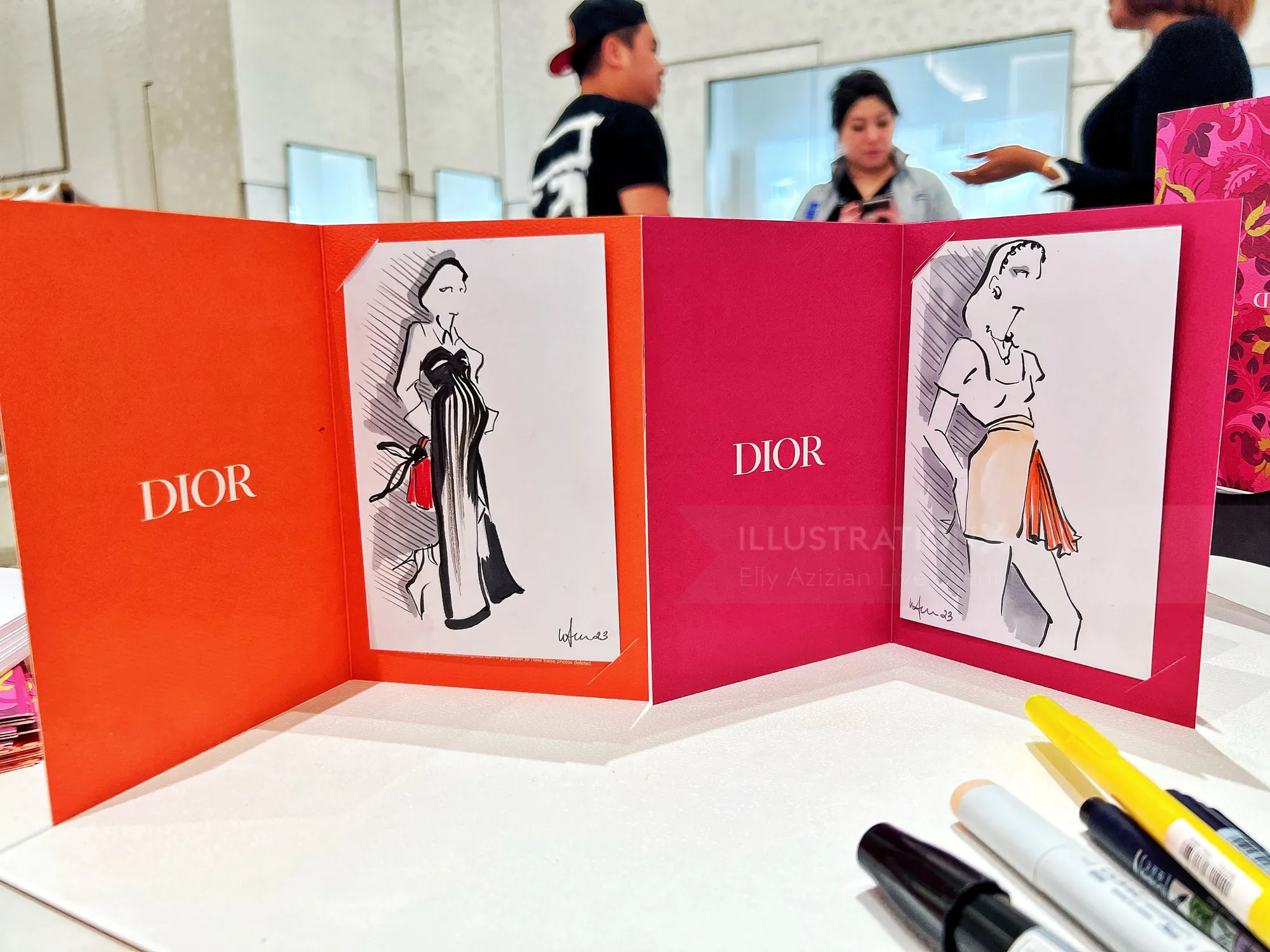 Fashion sketches on Dior cards by Elly Azizian in live event