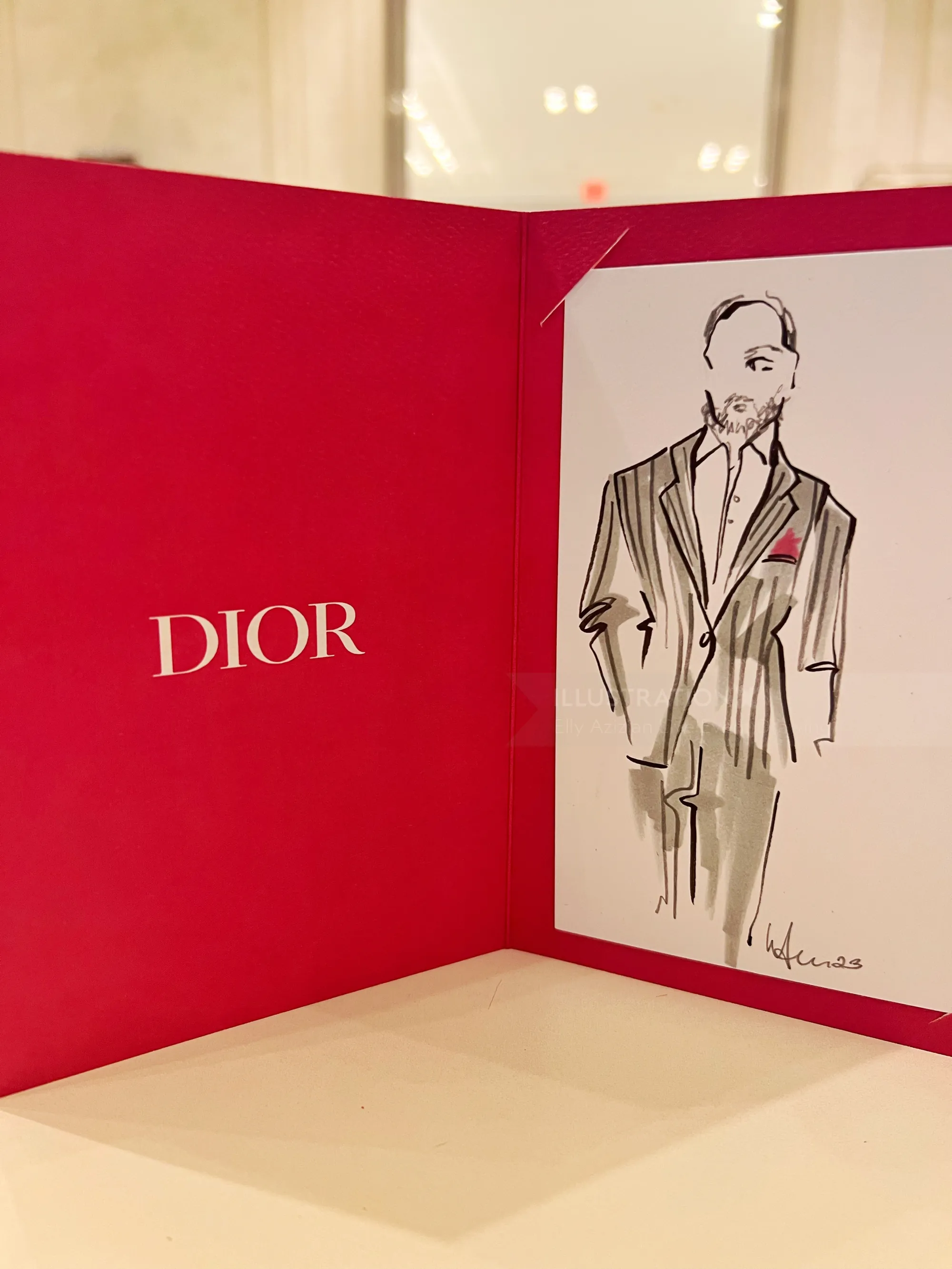 Boceto de moda de Dior de un hombre con traje, dibujado por Elly Azizian