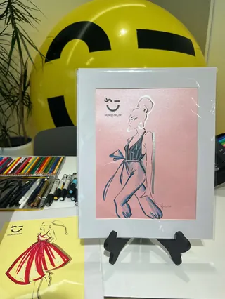 Fashion illustration in frame with colored pencils by Elly Azizian