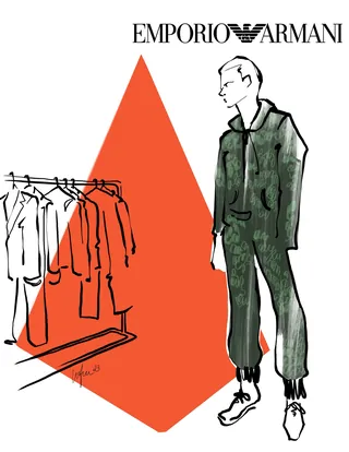 Sketch of a man wearing Emporio Armani outfit next to clothing rack