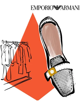 Illustration of a women's shoe and clothing rack with Emporio Armani logo