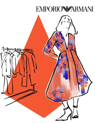 Woman in floral dress standing next to clothing rack fashion illustration