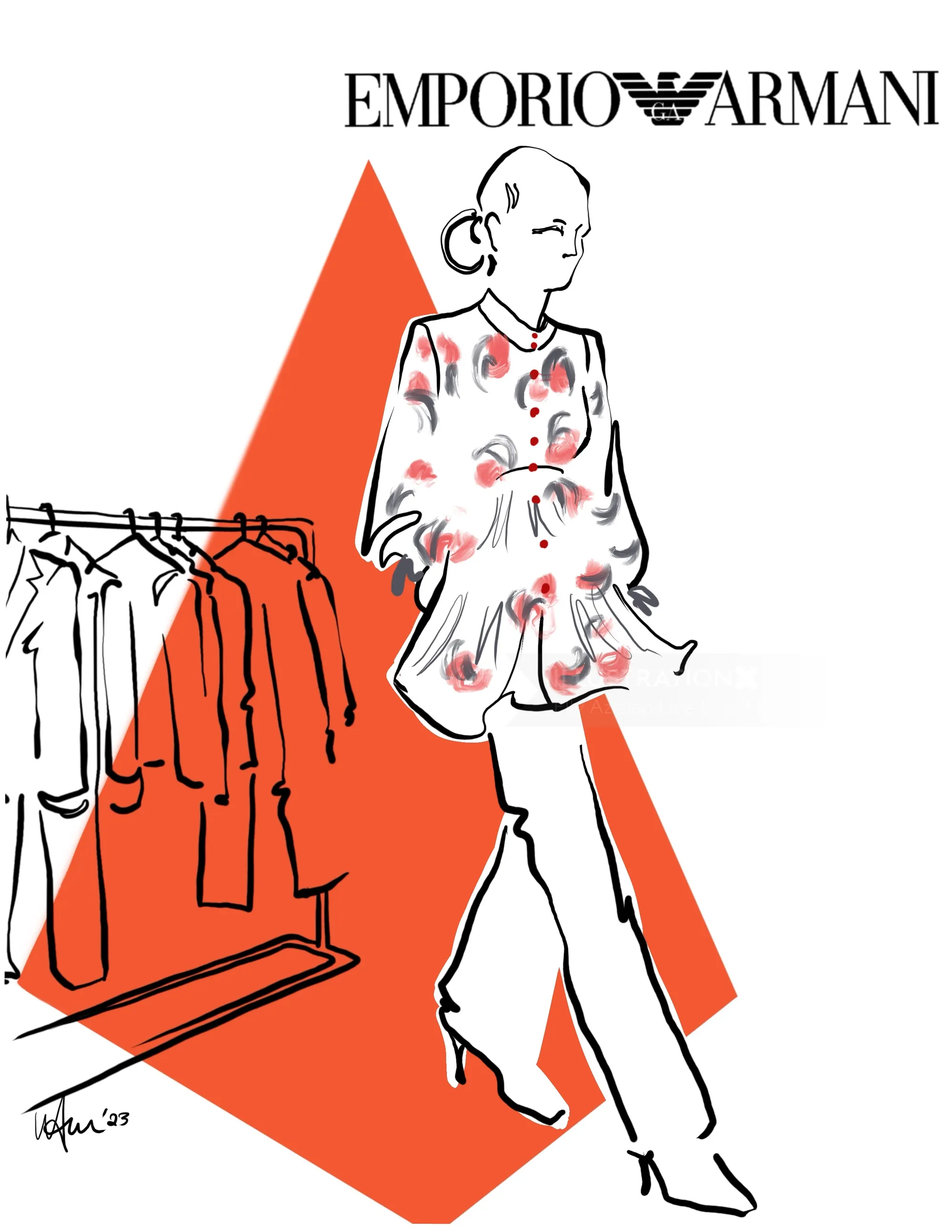 Ilustración estilizada de una mujer con un vestido junto a un perchero con el logotipo de Emporio Armani.