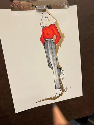 Stylized fashion sketch of woman in red blouse and gray pants