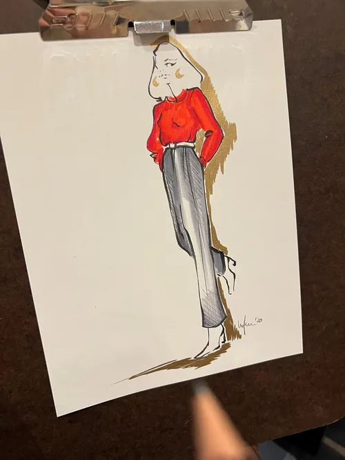 Stylized fashion sketch of woman in red blouse and gray pants