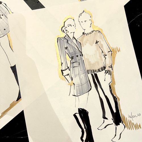 Sketch of man and woman wearing fashionable outfits and boots.