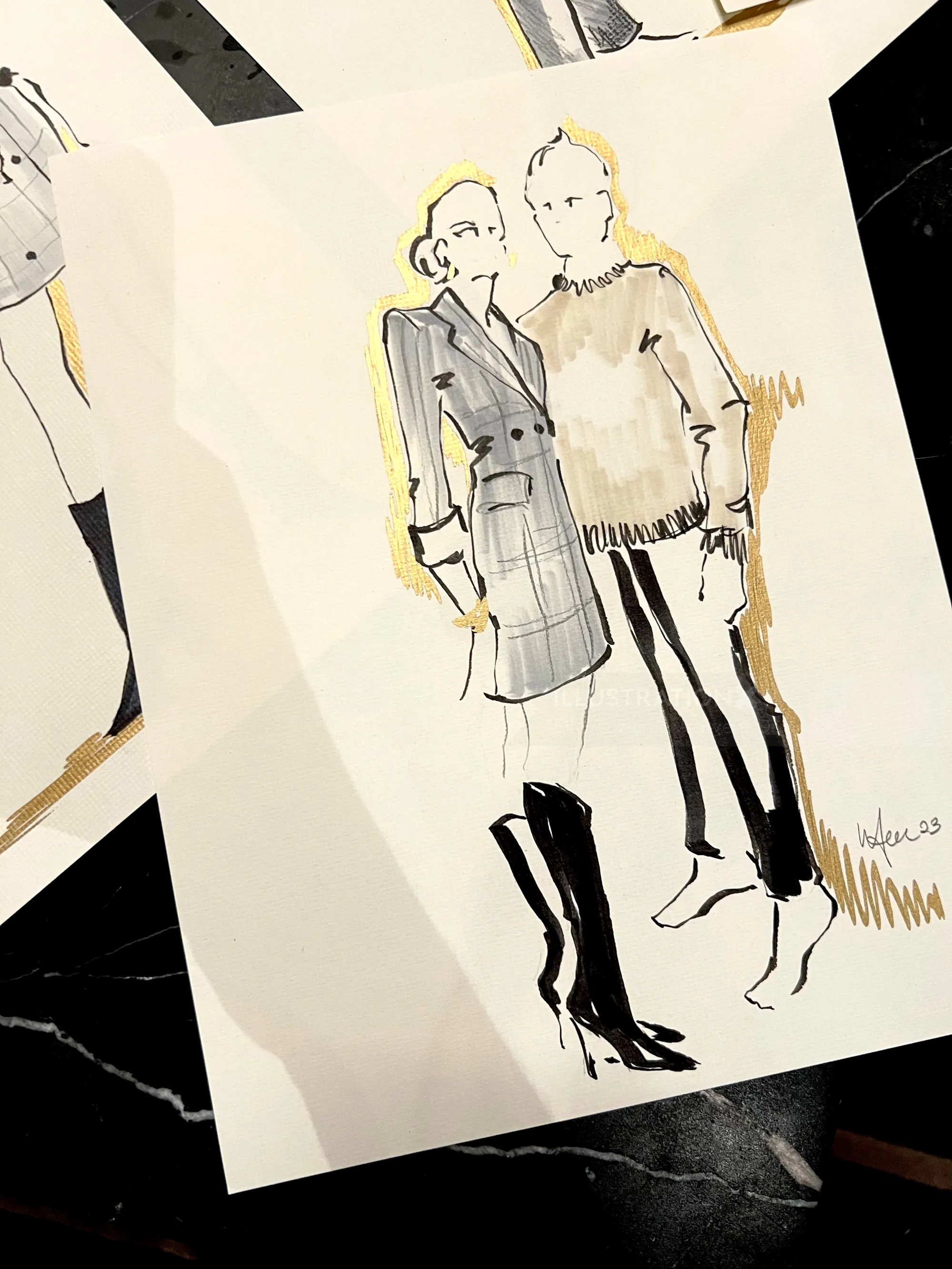 Sketch of man and woman wearing fashionable outfits and boots.