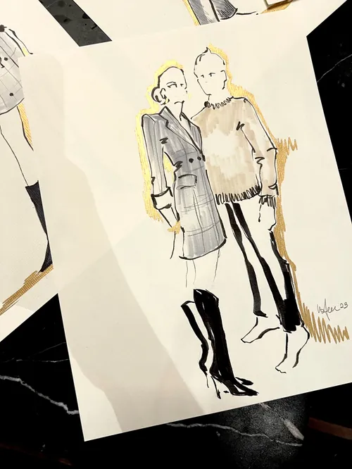 Sketch of man and woman wearing fashionable outfits and boots.