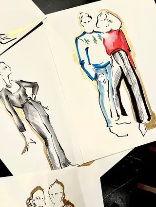 Stylish fashion sketches of three models wearing different outfits
