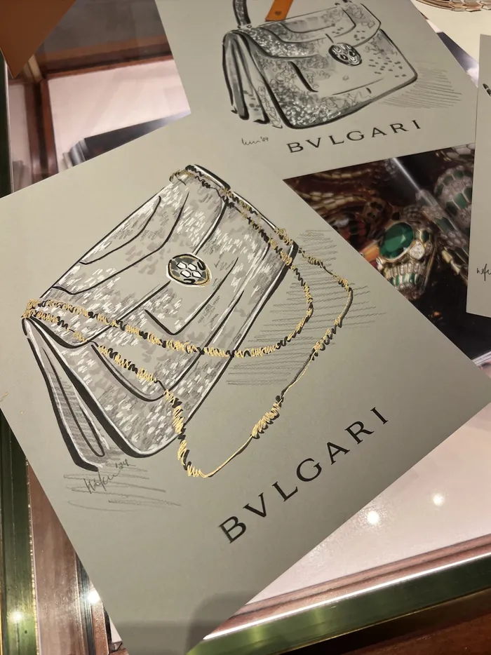 Illustration of Bvlgari handbag with chain and jewelry