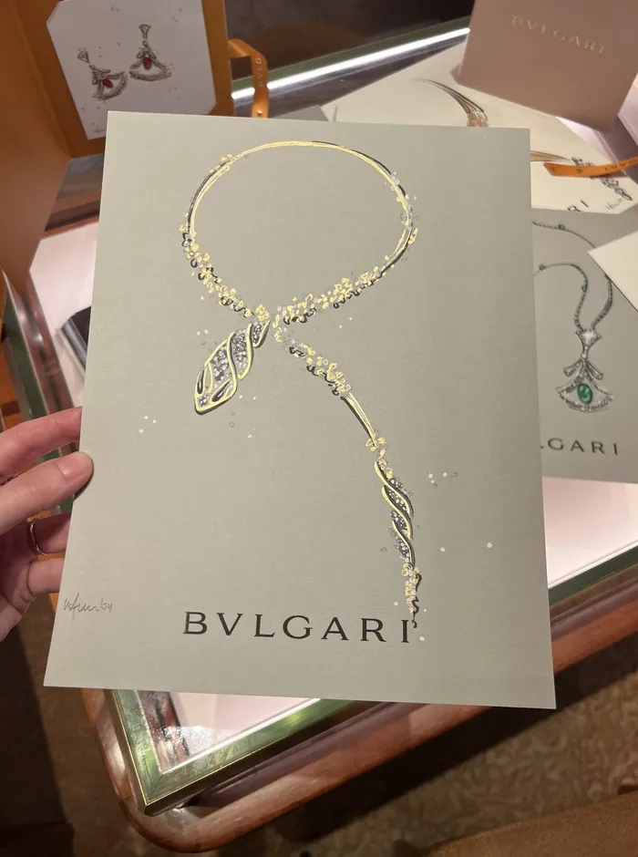 Bulgari necklace illustration with floral and leaf details