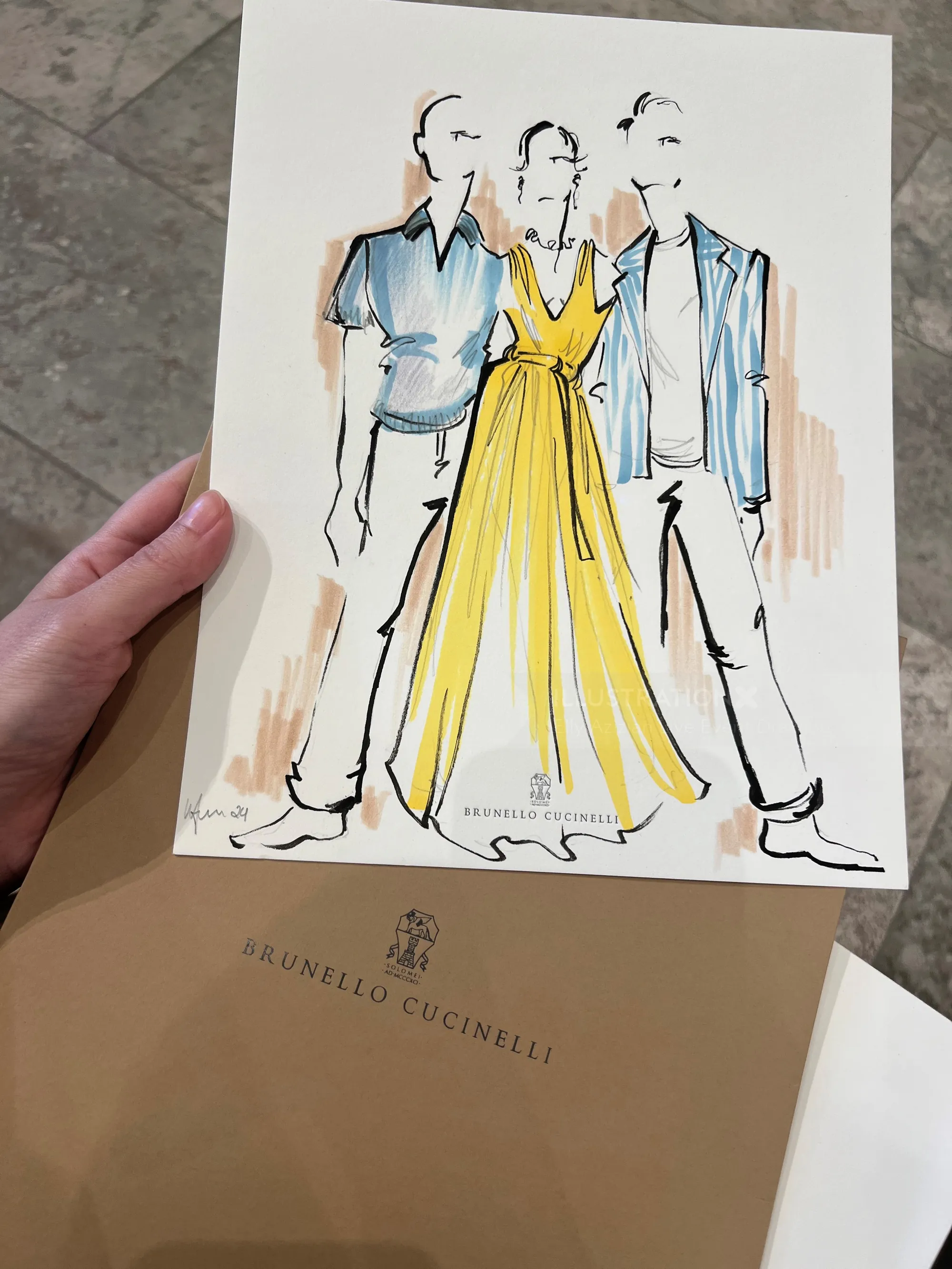 Fashion sketch of two men and a woman wearing elegant outfits