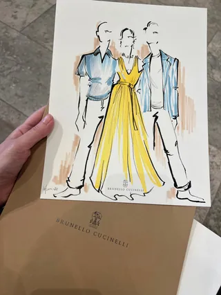 Fashion sketch of two men and a woman wearing elegant outfits