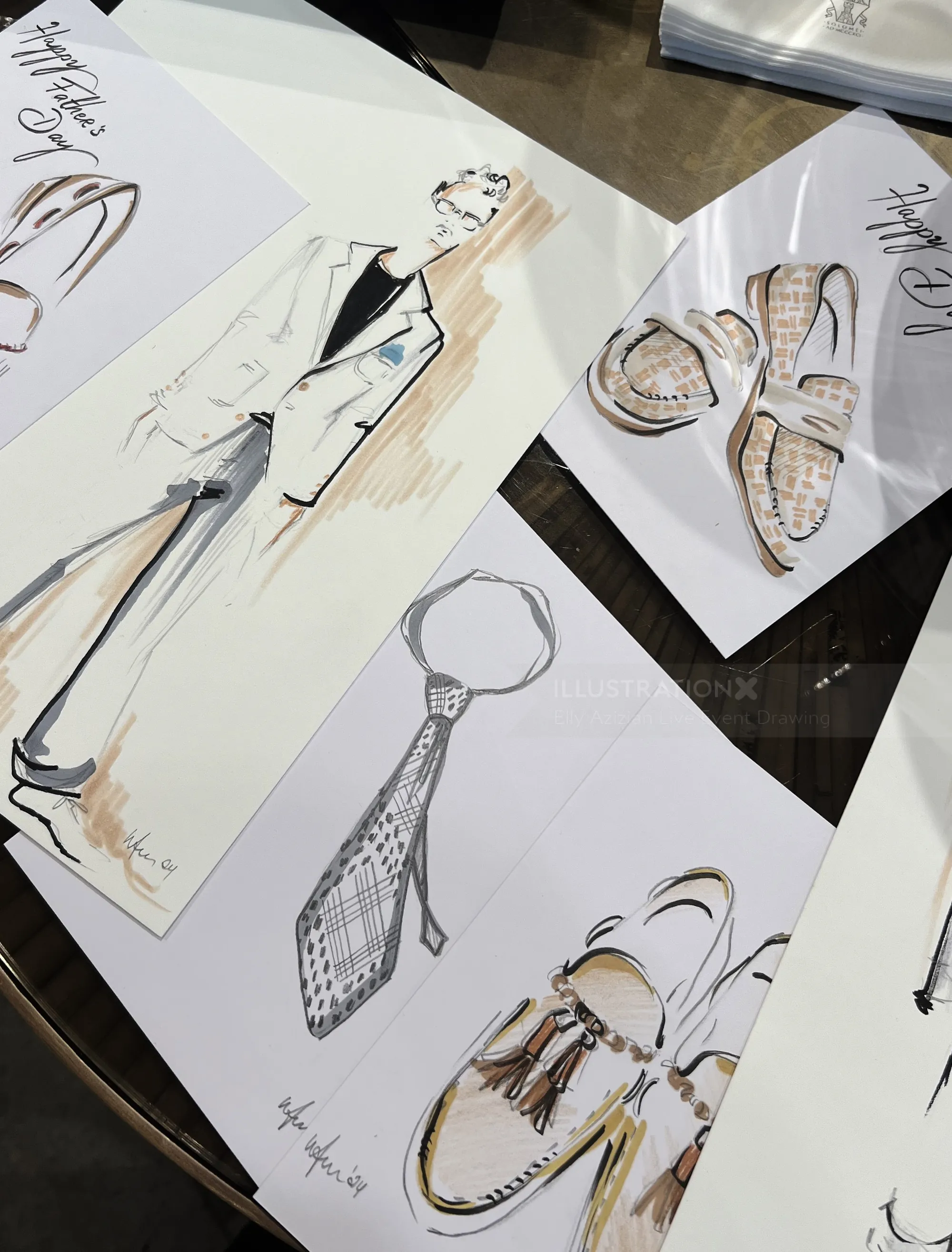 Ilustraciones de moda de diseños de traje, corbata y calzado de hombre.