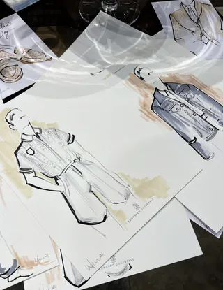 Men's fashion design sketches with jackets and pants in black and beige