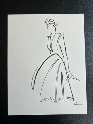 Black ink line drawing of woman wearing a long dress