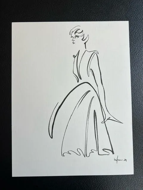 Black ink line drawing of woman wearing a long dress