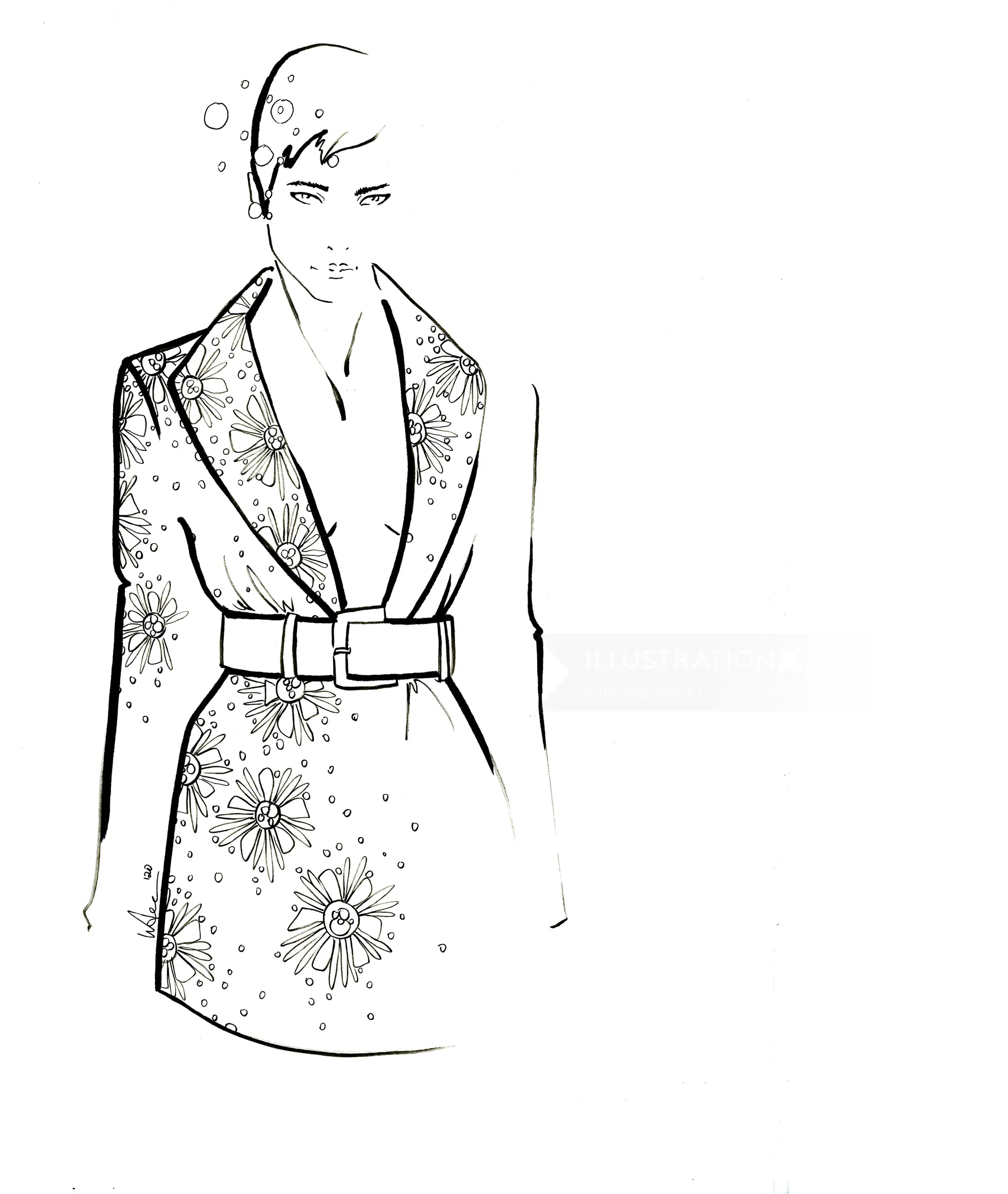 Boceto de una modelo con un vestido con estampado floral y cinturón.