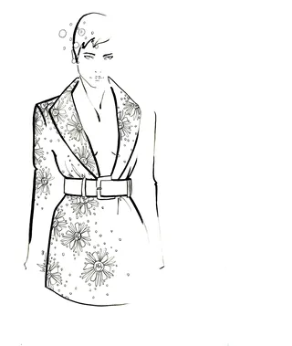 Sketch of a model wearing a belted floral print dress