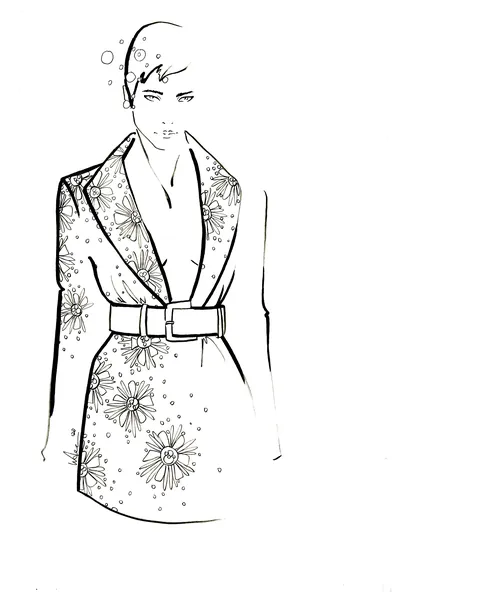 Sketch of a model wearing a belted floral print dress
