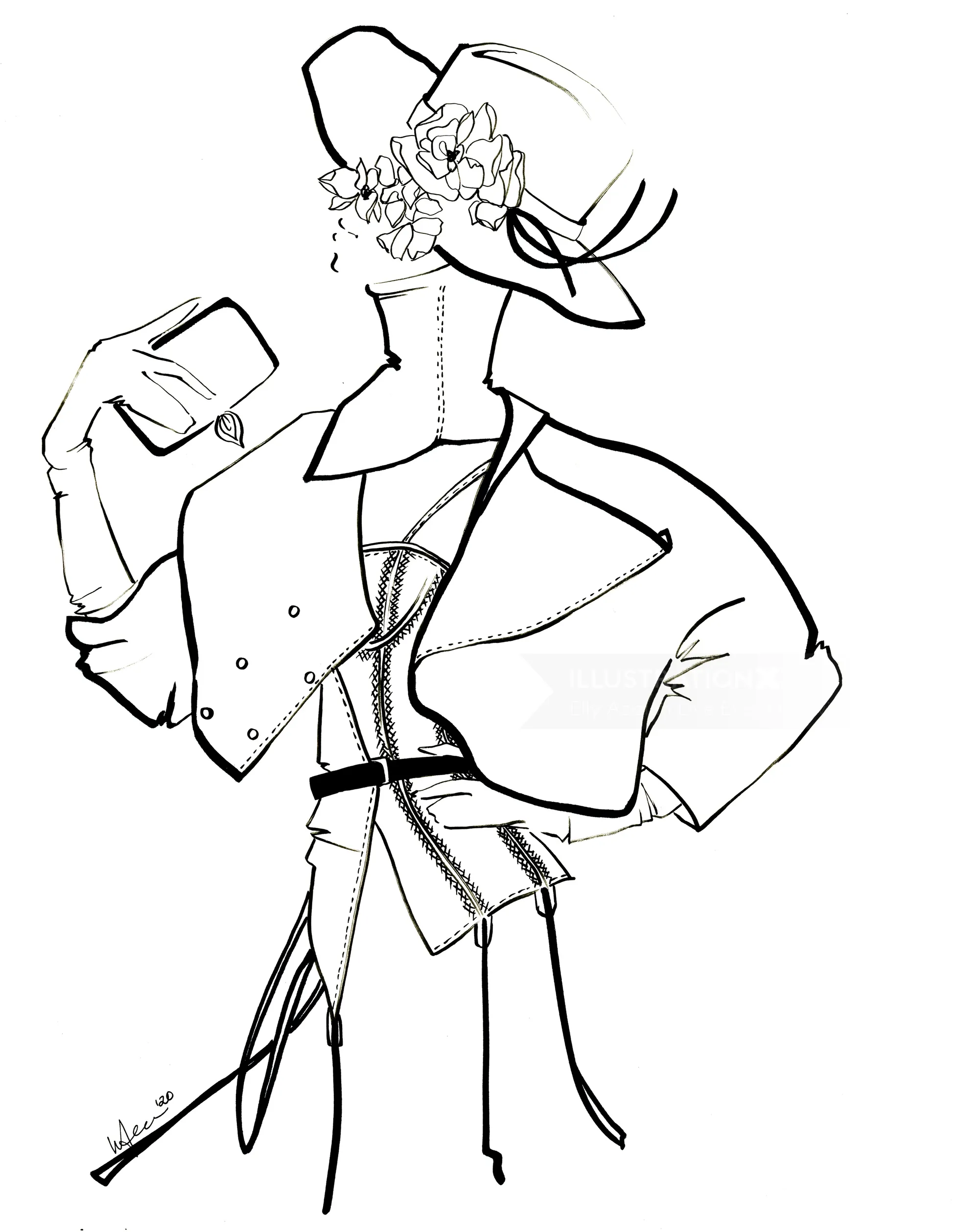 Black and white fashion sketch of woman wearing hat and jacket