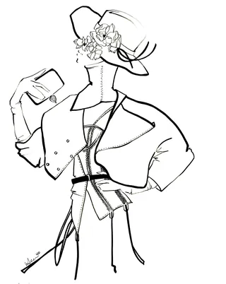 Black and white fashion sketch of woman wearing hat and jacket