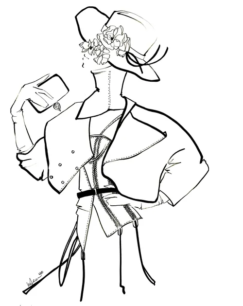 Black and white fashion sketch of woman wearing hat and jacket