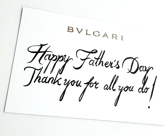 Father's Day card with handwritten message and Bvlgari logo