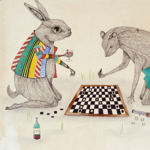 Rabbits playing chess illustration by Emily Carew Woodard