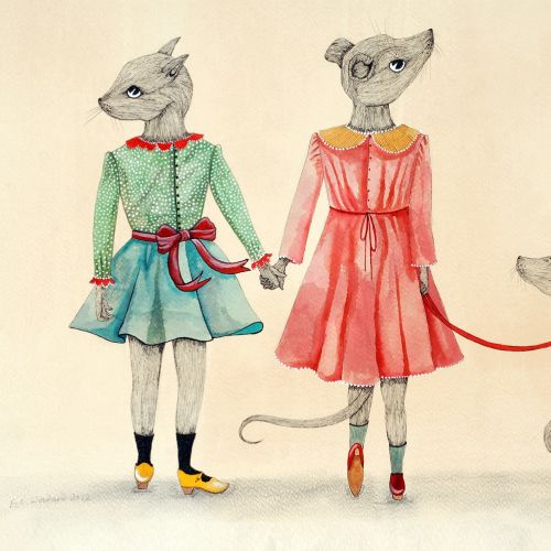 An illustration of girl mouse holding dog