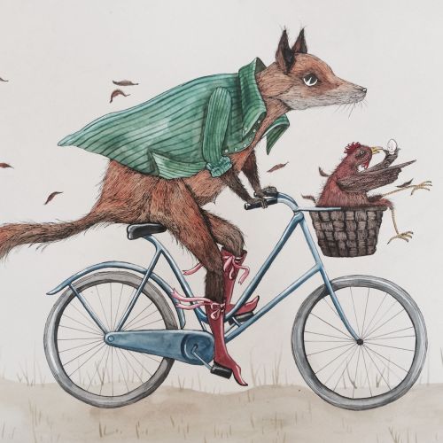 An illustration of fox riding bicycle