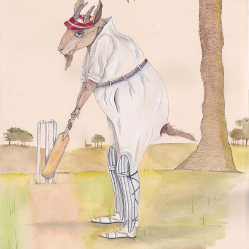 An illustration of goat playing cricket