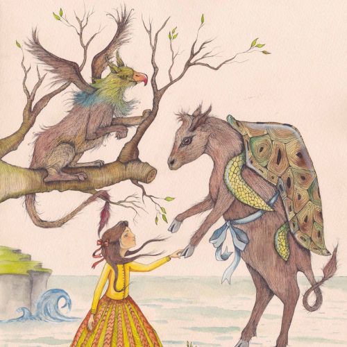 Girl holding strange animals illustration by Emily Carew Woodard