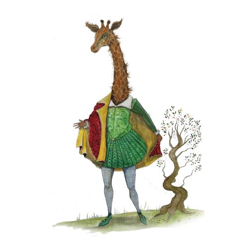 An illustration of giraffe in anthropomorphic scene